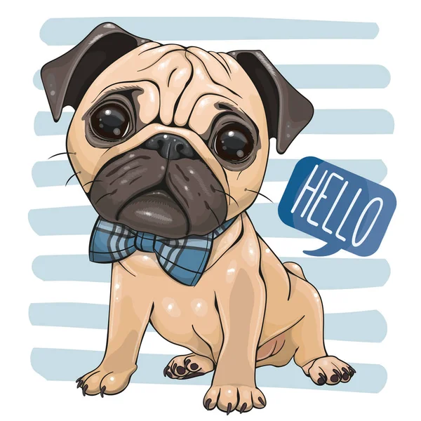 Desenhos animados Pug Dog com um laço isolado em um fundo listrado — Vetor de Stock