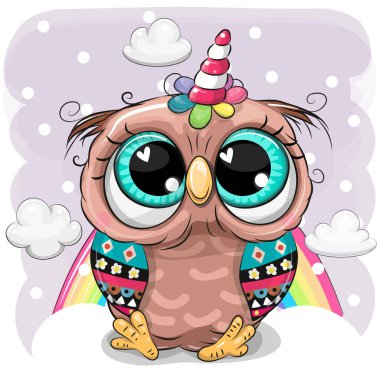 Cartoon Owl with the horn of a unicorn on clouds