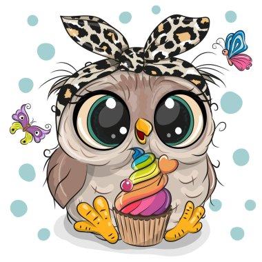 Cartoon Owl with cake and butterflies