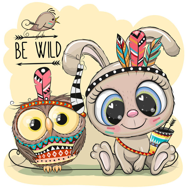 Мультфильм племенной кролик и сова с пером
