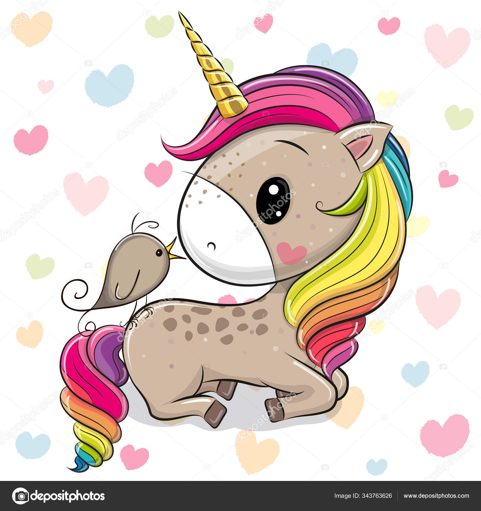 Cartoon Unicorn with a bird on a hearts background Stock Vector Image by  ©Reginast777 #343763626