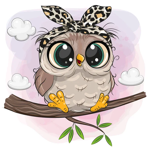 Owl with big eyes is sitting on a branch — Stok Vektör