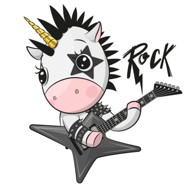 Cartoon rock unicorn with a guitar on a white background