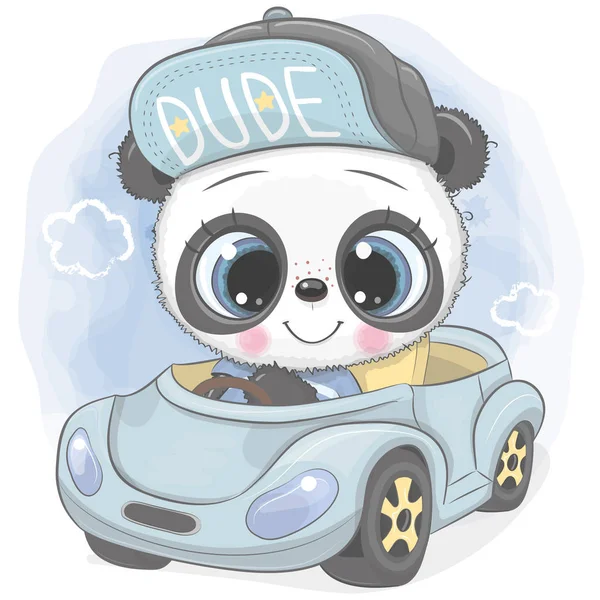 卡通熊猫男孩在帽子去蓝色汽车 — 图库矢量图片