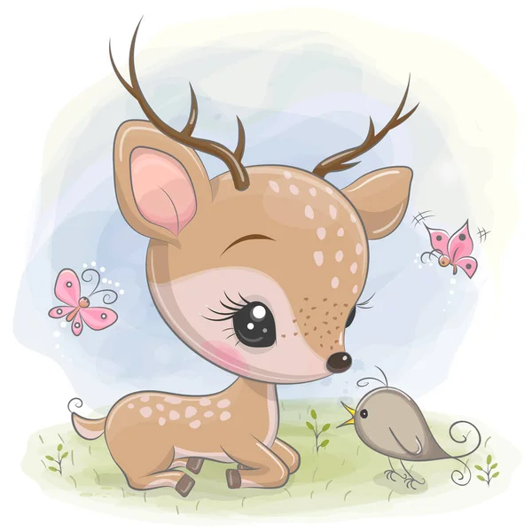 Cartoon deer with bird on the meadow — Stok Vektör
