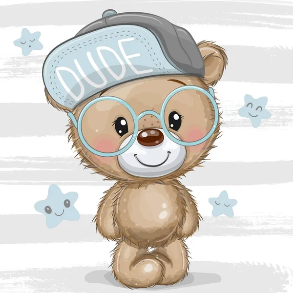 Cartoon Teddy bear with a blue cap and glasses — Stockvektor
