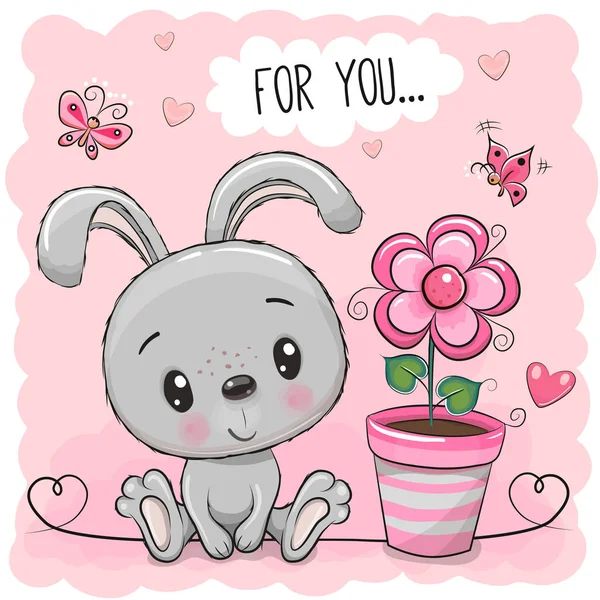 Coniglio cartone animato con fiore rosa — Vettoriale Stock