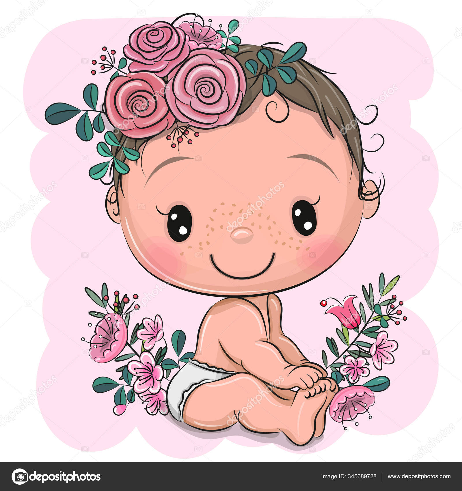 Cartoon Baby mit Blumen auf rosa Hintergrund Stock-Vektorgrafik von  ©Reginast777 345689728