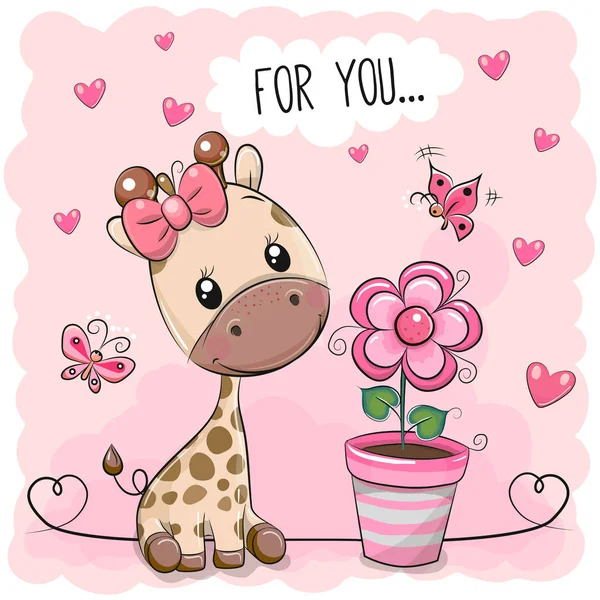 Girafa de desenho animado bonito com flor rosa — Vetor de Stock