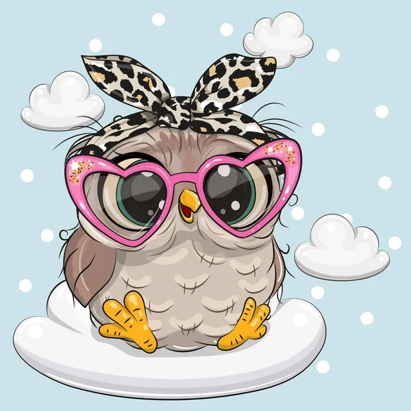 雲の上のピンクのメガネの漫画フクロウ — ストックベクタ