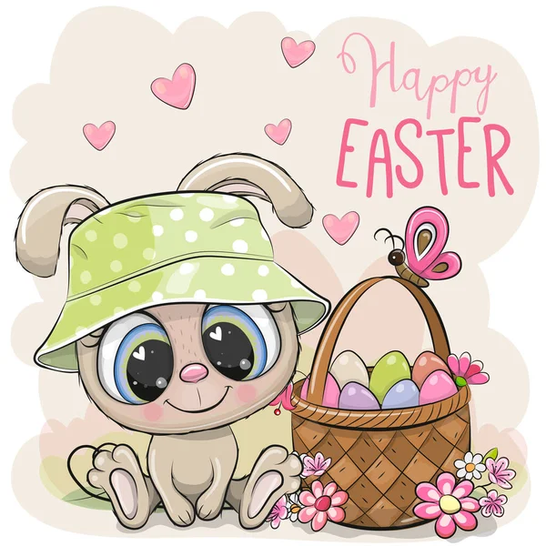 Conejo de dibujos animados con una cesta de huevos de Pascua — Vector de stock