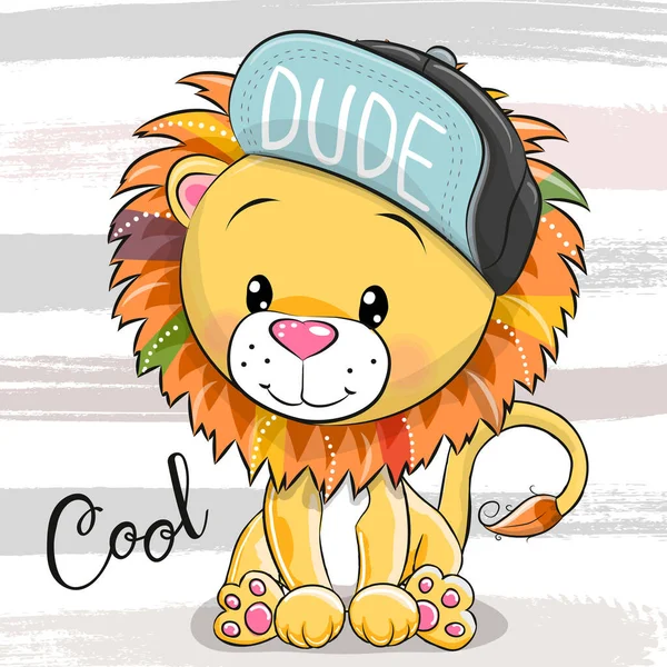 Kartun Cute Lion dengan topi biru - Stok Vektor