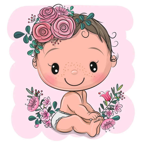 Bebé de dibujos animados con flores sobre un fondo rosa — Vector de stock
