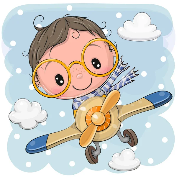 かわいい漫画の少年は飛行機に乗って飛んでいる — ストックベクタ