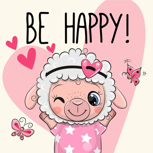 要快乐贺卡可爱卡通羊与心 — 图库矢量图片