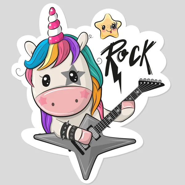 Cute Cartoon Rock Unicorn Guitar White Background — ストックベクタ