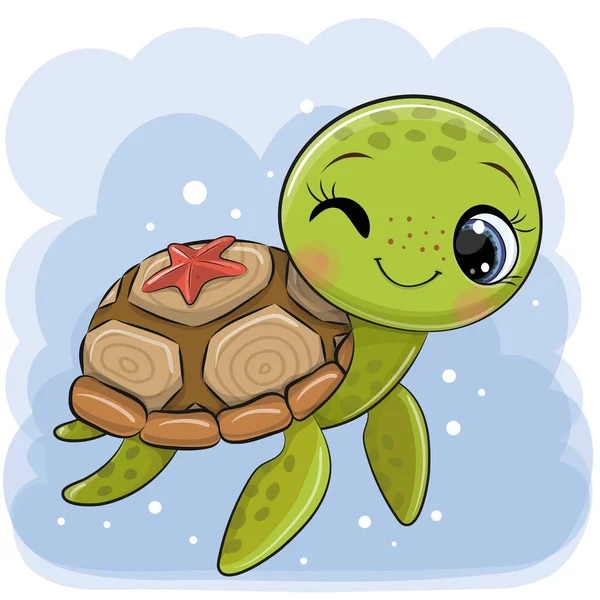 Leuke Cartoon Water Schildpad Een Blauwe Achtergrond — Stockvector