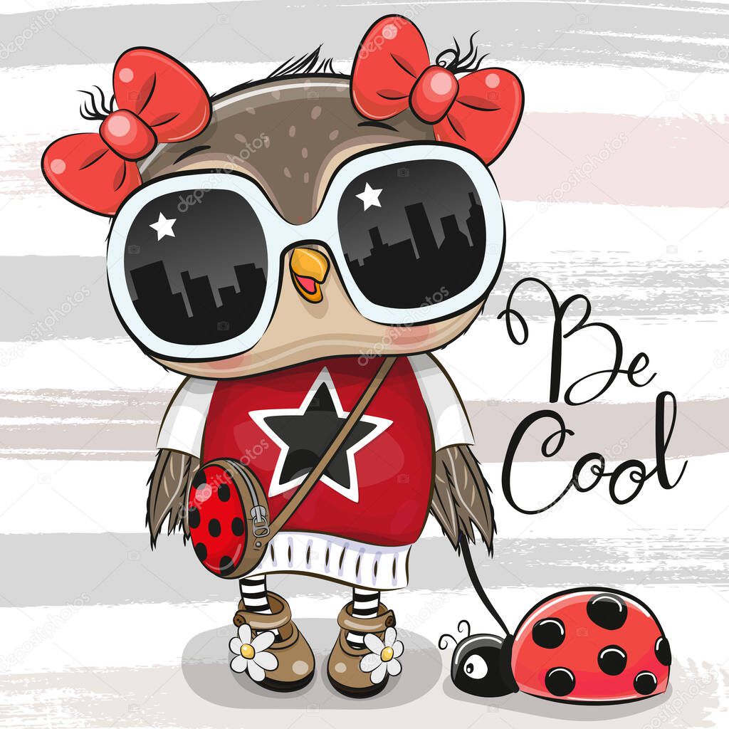 Cool Cartoon Cute Owl with sun glasses and ladybug