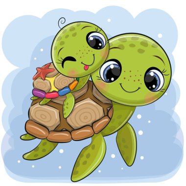 Cute Cartoon water turtles father and son on a blue background clipart