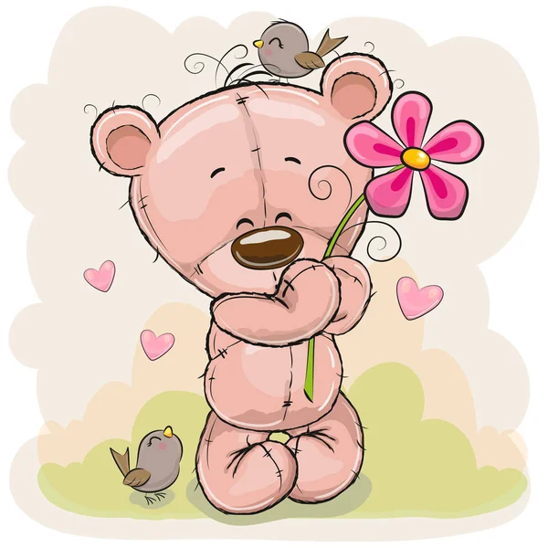 Kartka Życzeniami Cute Cartoon Teddy Bear Kwiatami Ptakami — Wektor stockowy