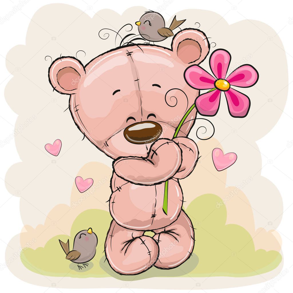 Greeting card Cute Cartoon Teddy Bear with flower and birds