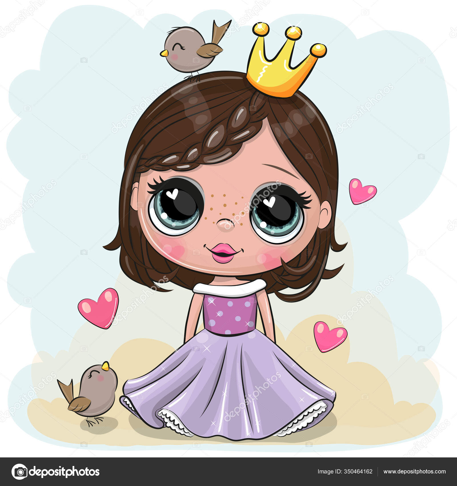 Cute Cartoon Little Princess Purple Dress Birds Blue Background Stock  Vector Image by ©Reginast777 #350464162