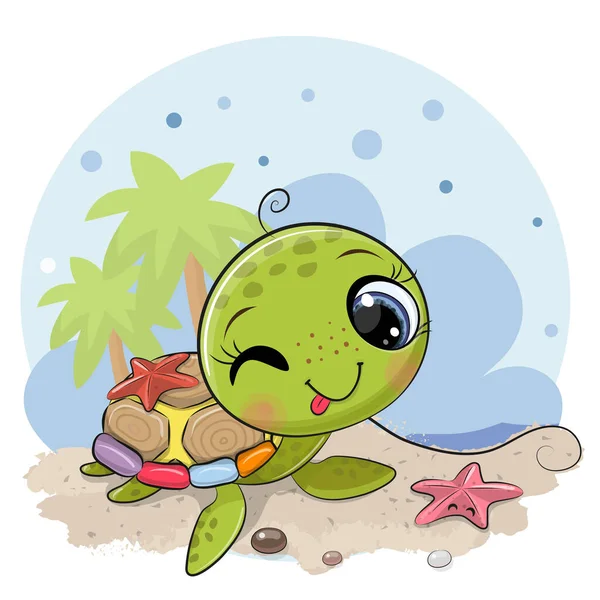 Leuke Cartoon Waterschildpad Het Strand — Stockvector