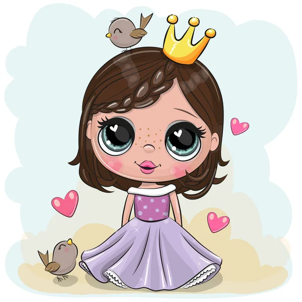 Linda Pequeña Princesa Dibujos Animados Vestido Púrpura Con Pájaros Sobre — Vector de stock