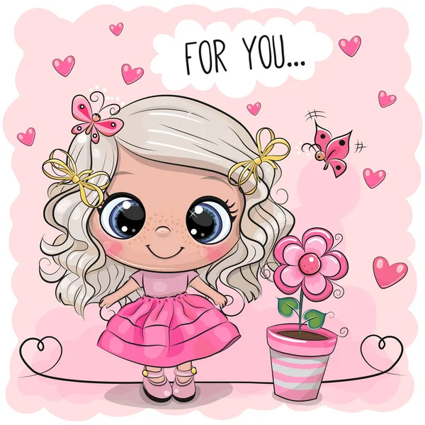 Tarjeta Felicitación Linda Chica Con Flor Sobre Fondo Rosa — Vector de stock