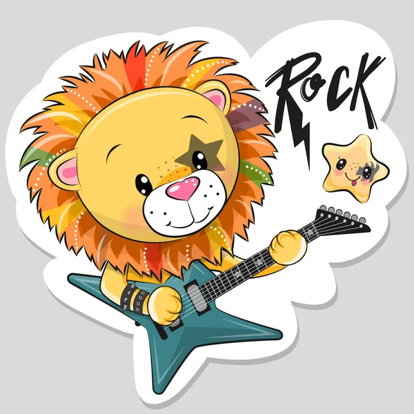 Mignon Dessin Animé Rock Lion Avec Une Guitare Sur Fond — Image vectorielle