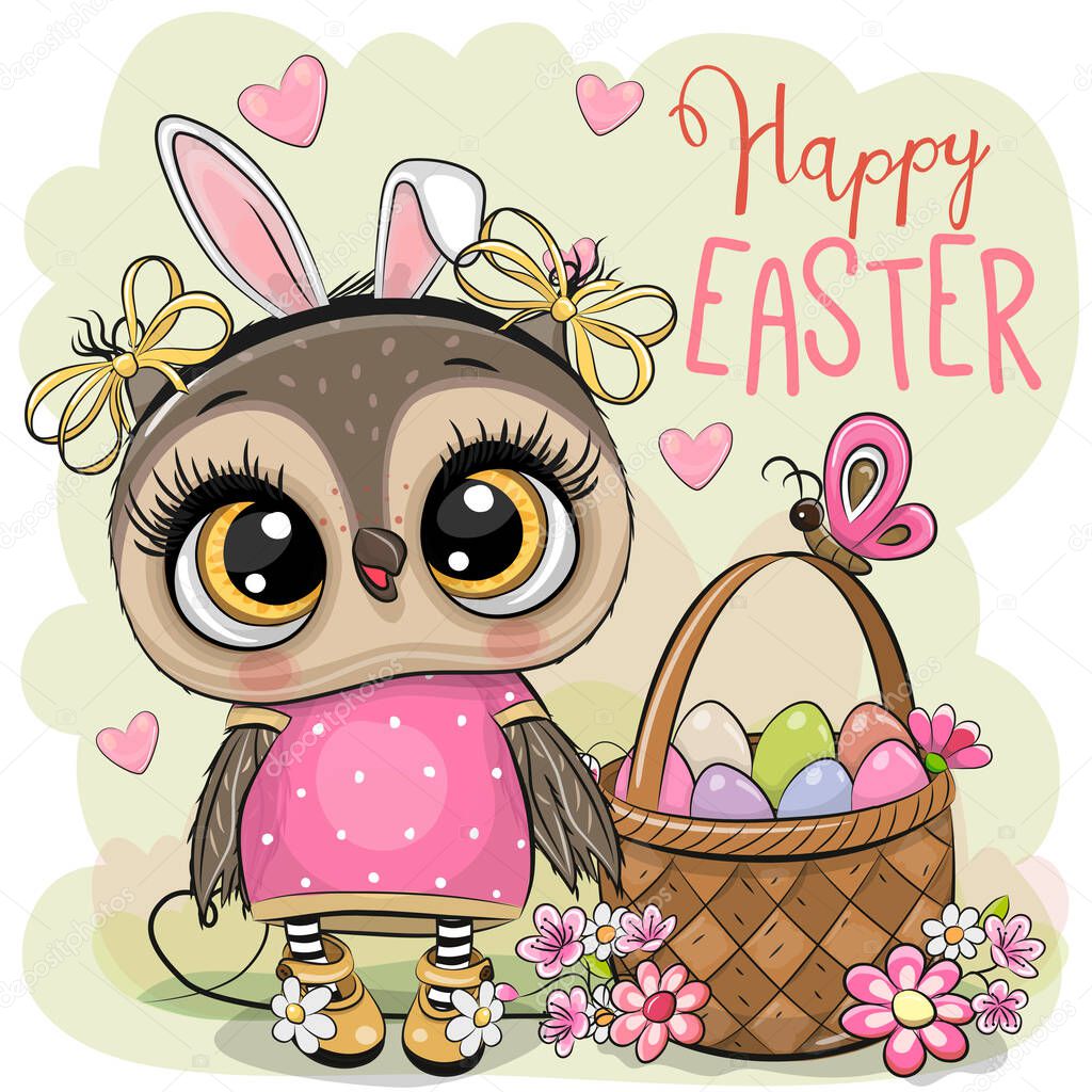 Cute Cartoon Olw with a basket of Easter eggs