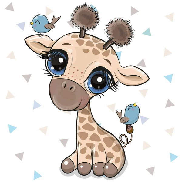 Leuke Cartoon Giraffe Met Twee Vogels Een Witte Achtergrond — Stockvector