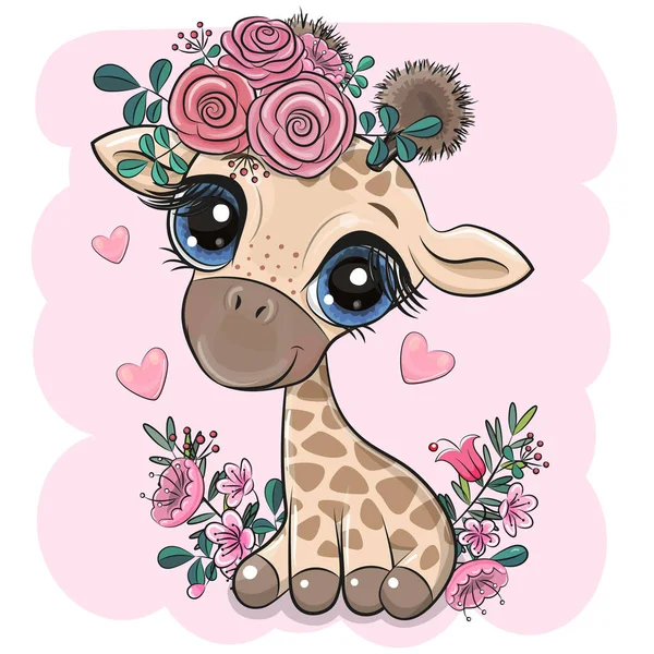 Cute Cartoon Giraffe with flowers on a pink background - Stock Image -  Everypixel