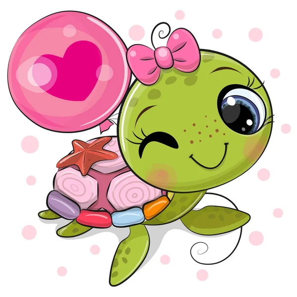 Schattig Cartoon Water Schildpad Meisje Met Een Ballon Een Witte — Stockvector