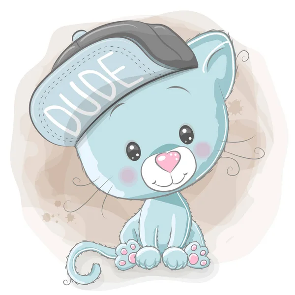 Chaton Dessin Animé Mignon Avec Une Casquette Bleue Sur Fond — Image vectorielle