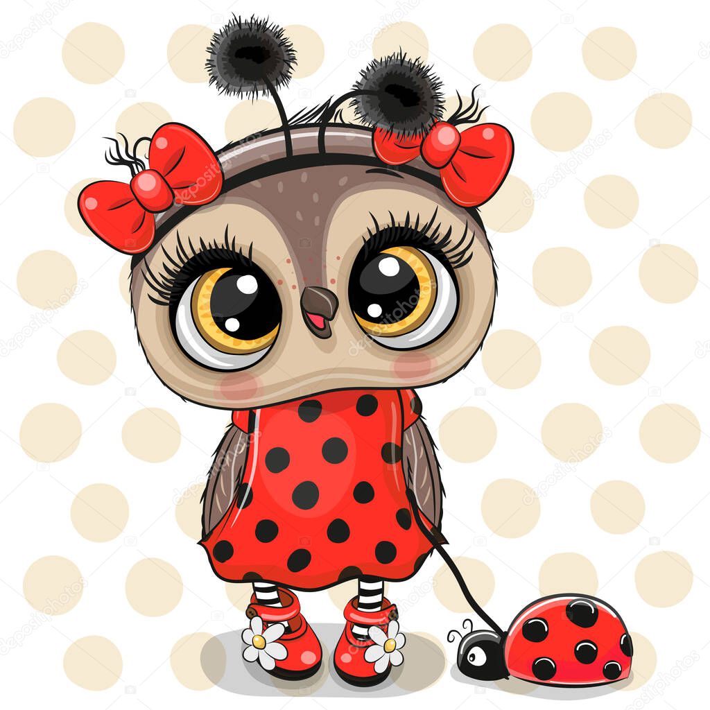 Cartoon Cute Owl girl in a ladybug costume and ladybug