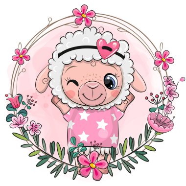 Çiçekli bir çelengi olan şirin bir çizgi film koyun kızı.