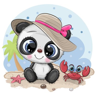 Çizgi filmdeki şapkalı Panda Kız ve kumsalda tatlı yengeç.