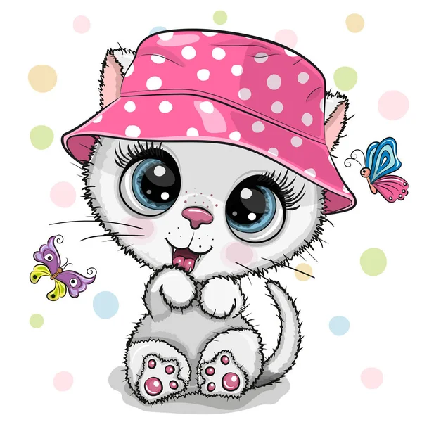 白い背景にパンナマの帽子と蝶のかわいい漫画の白い子猫 — ストックベクタ