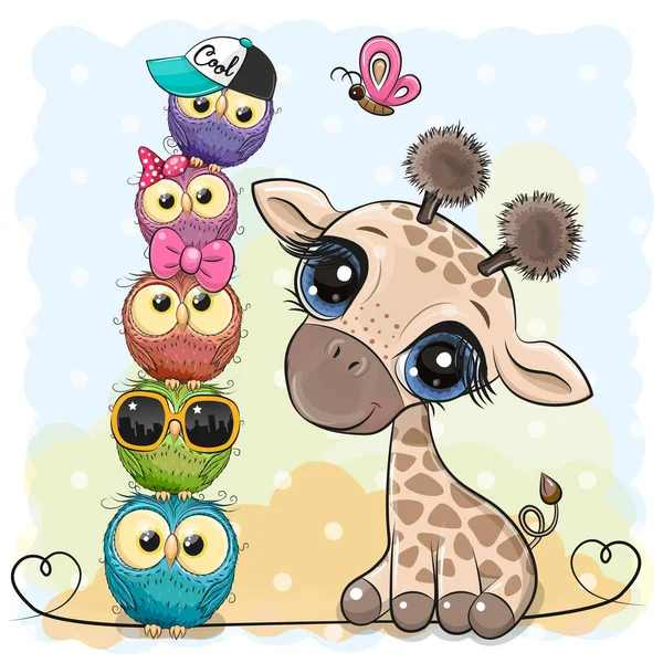 Leuke Cartoon Giraffe Uilen Een Blauwe Achtergrond — Stockvector