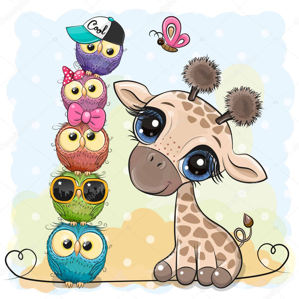 Cute Cartoon Giraffe and owls on a blue background