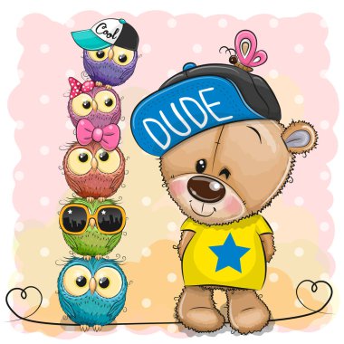 Tatlı oyuncak ayı ve pembe arka planda baykuşlar.