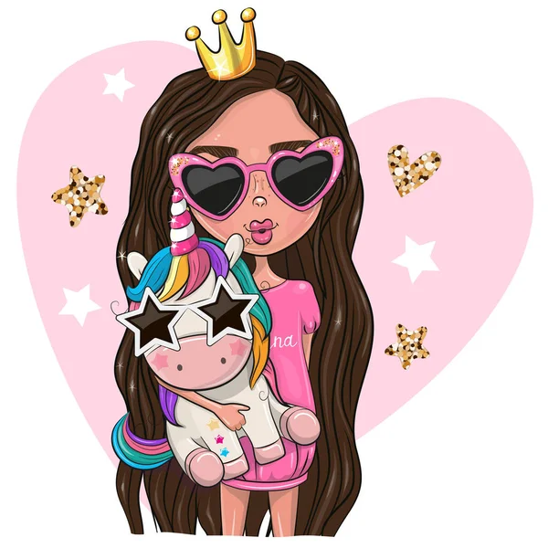 Schattig Cartoon Meisje Prinses Een Roze Bril Met Eenhoorn — Stockvector