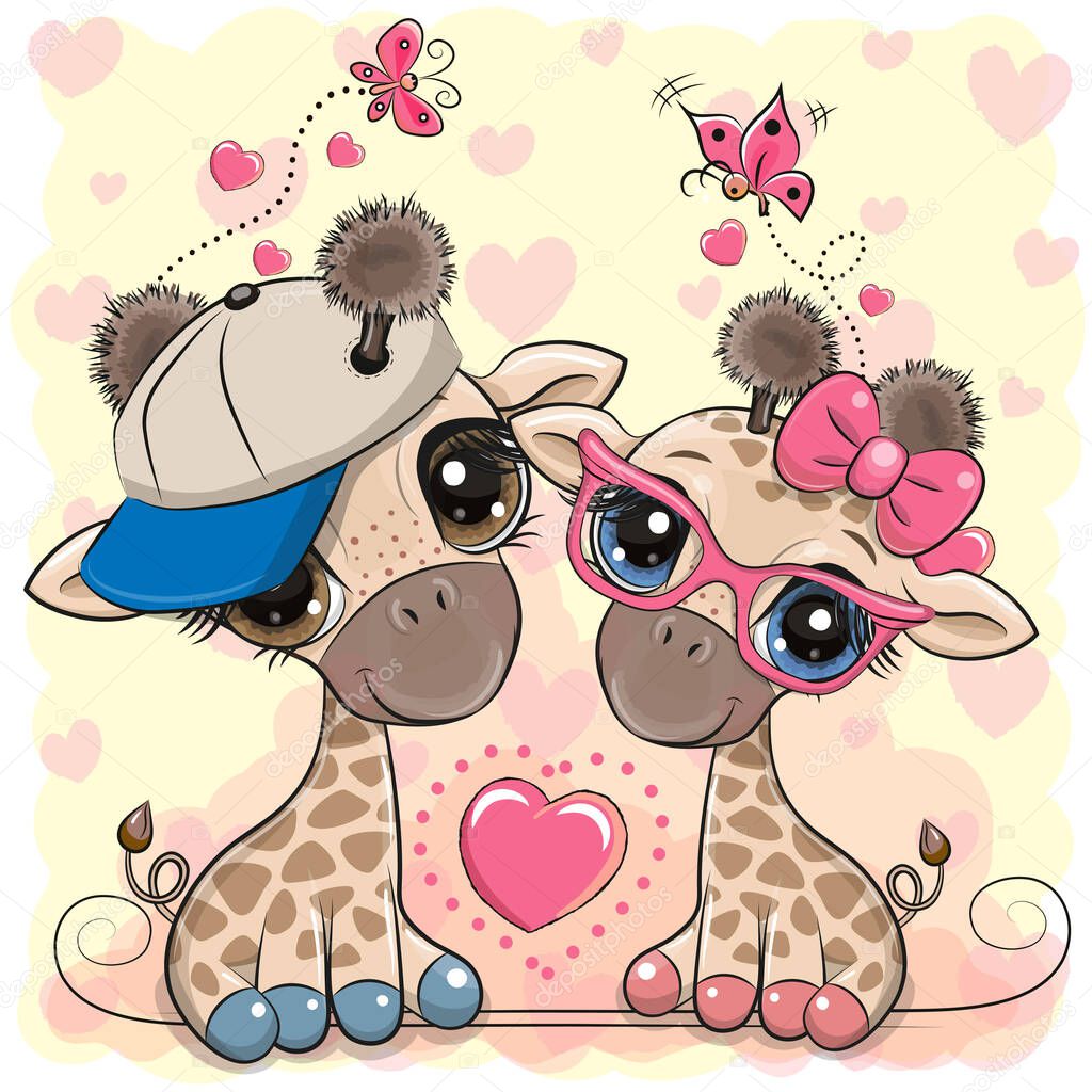 Two Cute Cartoon Giraffes in a cap and glasses on a hearts background