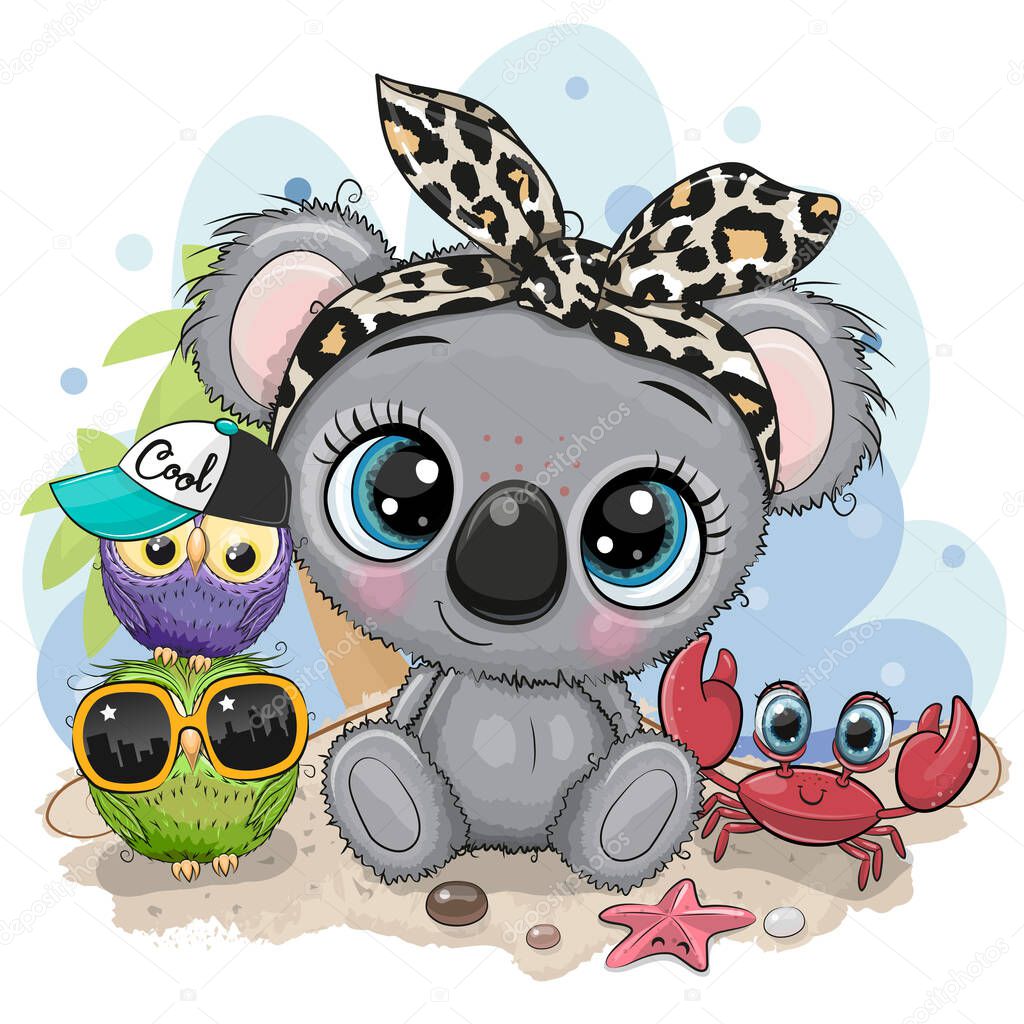 Cute Cartoon Koala, owls and crab on the beach
