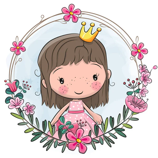 Princesse Dessin Animé Mignon Dans Cadre Fleurs — Image vectorielle