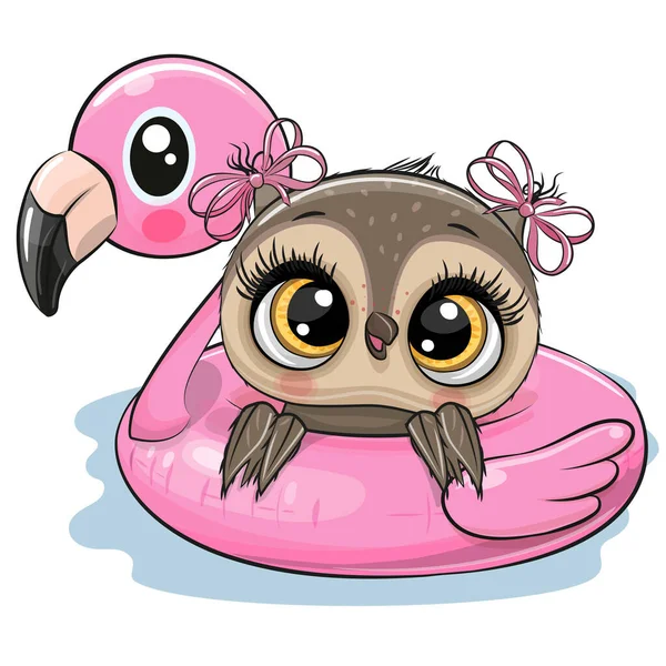 Lucu Kartun Bayi Owl Dalam Berenang Kolam Renang Cincin Flamingo - Stok Vektor