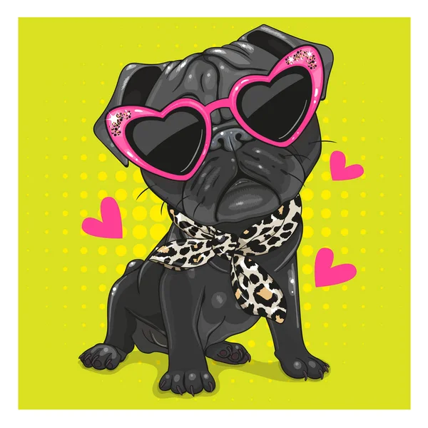 Cartoon Black Pug Dog Con Occhiali Rosa Sciarpa Isolata Sfondo — Vettoriale Stock