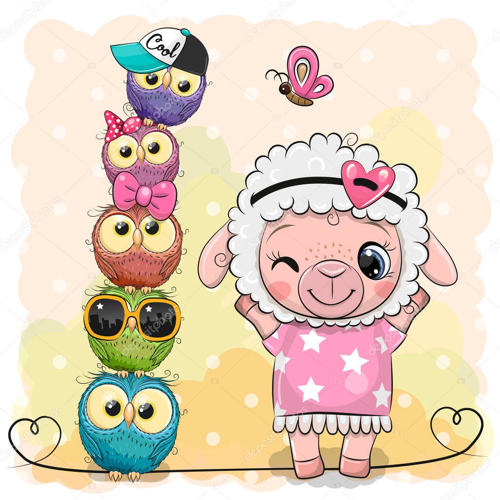 Cute Cartoon Sheep and owls on a pink background