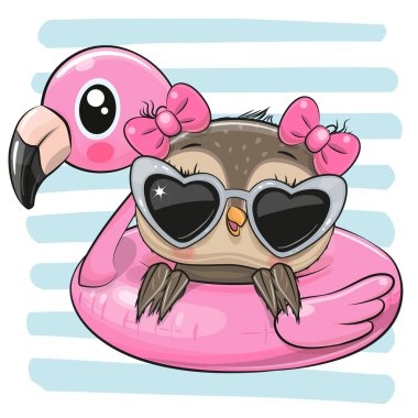 Havuzda yüzen gözlüklü sevimli çizgi film Baykuşu şişirilebilir flamingo.